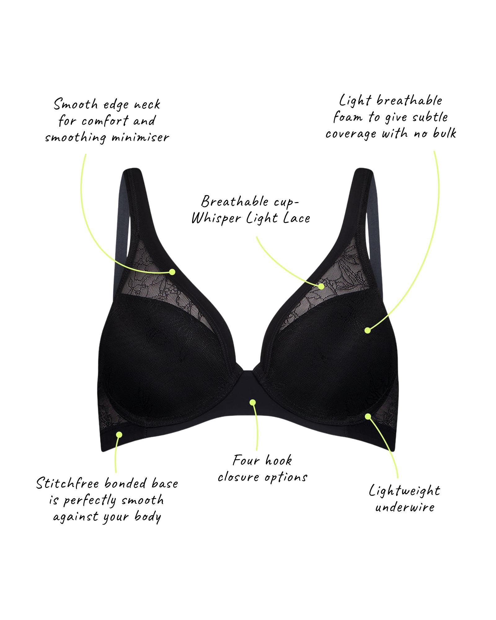 Black bra with text highlighting features on a white background