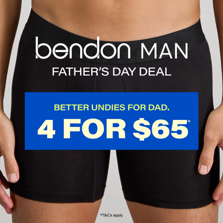 A promotional graphic showing a cropped male model wearing black Bendon Man undies, with large overlaid text reading 'bendon MAN FATHER'S DAY DEAL' and a blue box that says 'BETTER UNDIES FOR DAD. 4 FOR $65'.