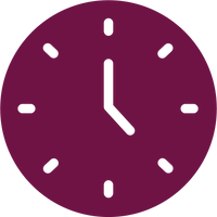 A minimalist clock face icon inside a dark purple circle, with white hour markers and hands pointing near the top and right.