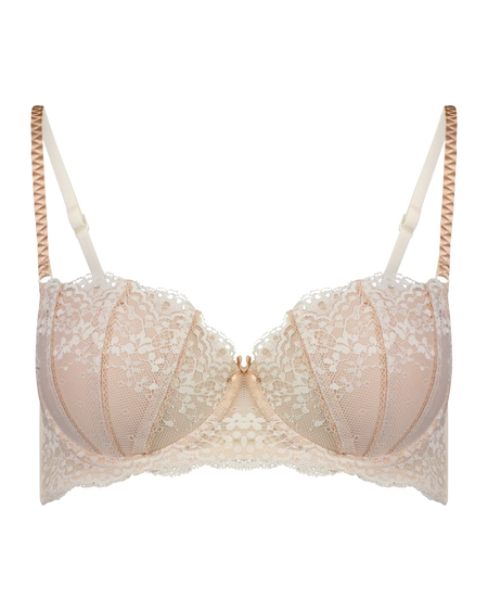 Beige lace bra on a white background