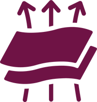 A dark purple vector icon depicting a wavy fabric layer with three upward-pointing arrows above it, likely representing breathability or ventilation.