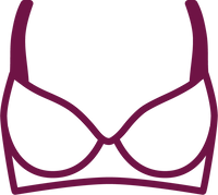A simple line-art icon of a bra in dark purple on a light gray background.