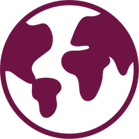 A circular graphic icon featuring a stylized globe design in dark purple on a white background.