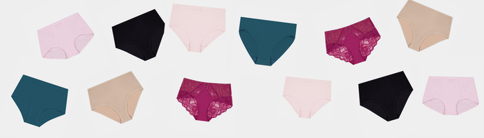 Collection of women's underwear in various colors on a white background