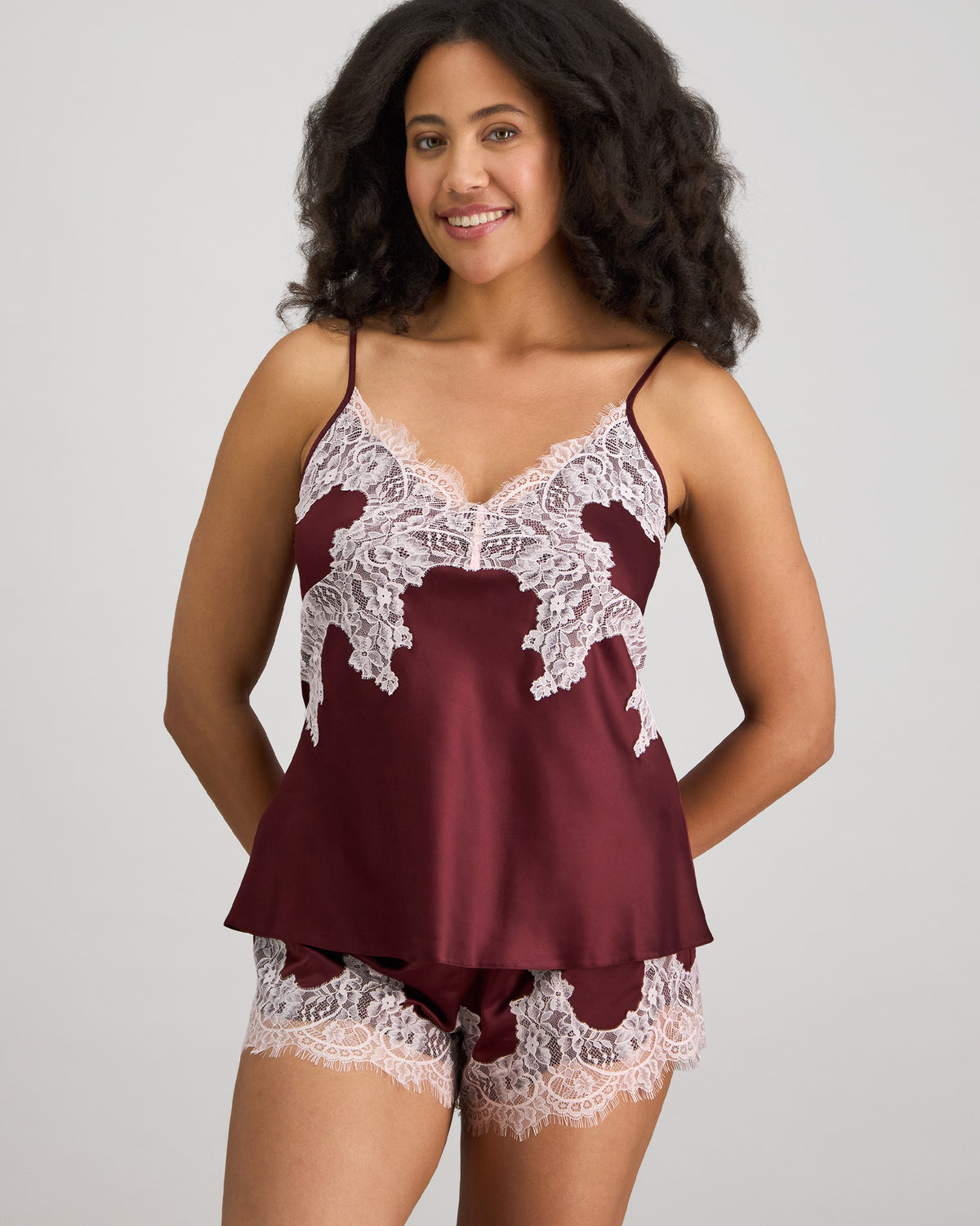 Model wears Sweet Indulgence Cami & Short Set in FIG/PALE LILAC. On body front view
