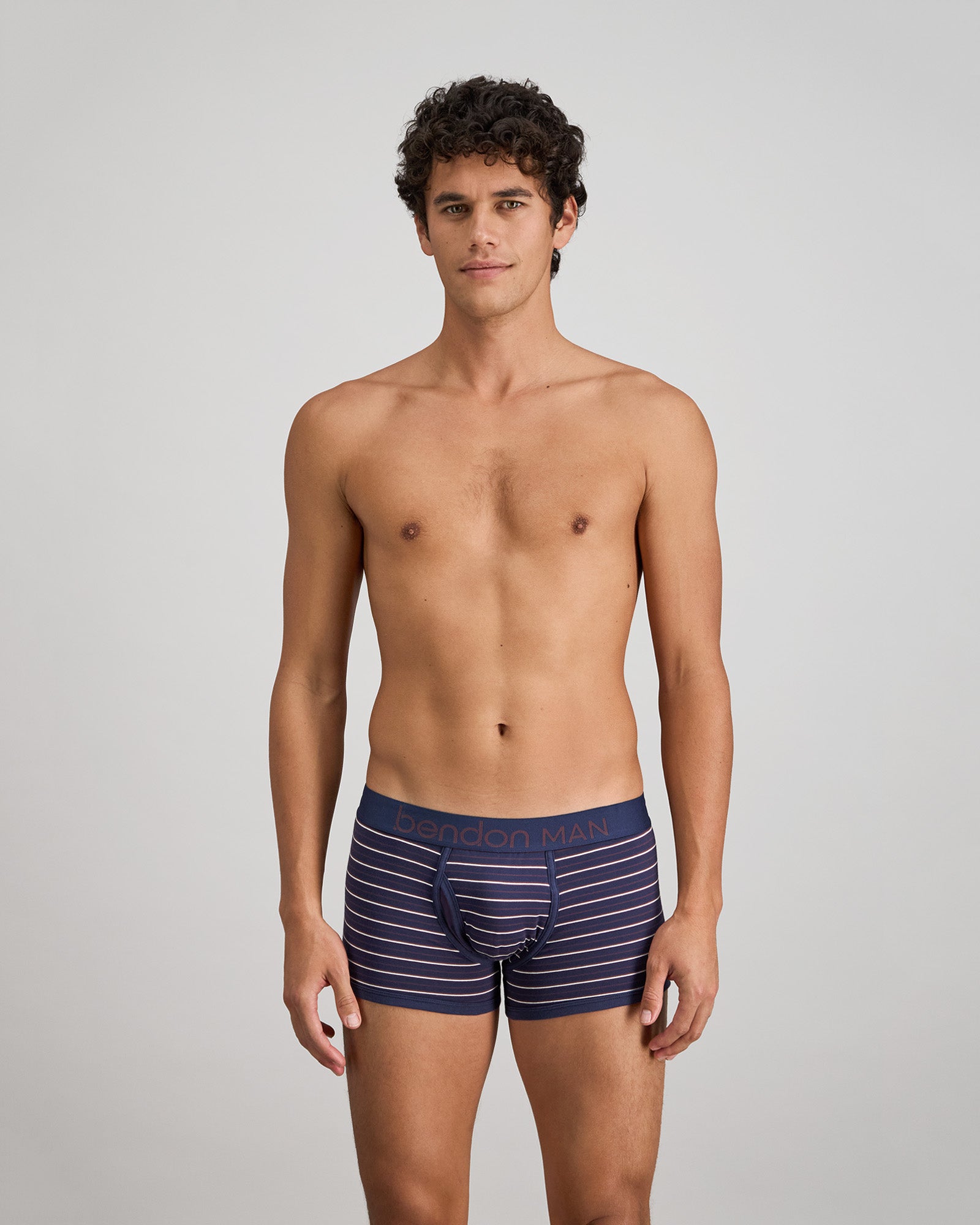 Bold Stripe Mens Trunk in PEACOAT/PLUM STRIPE. Feature shot