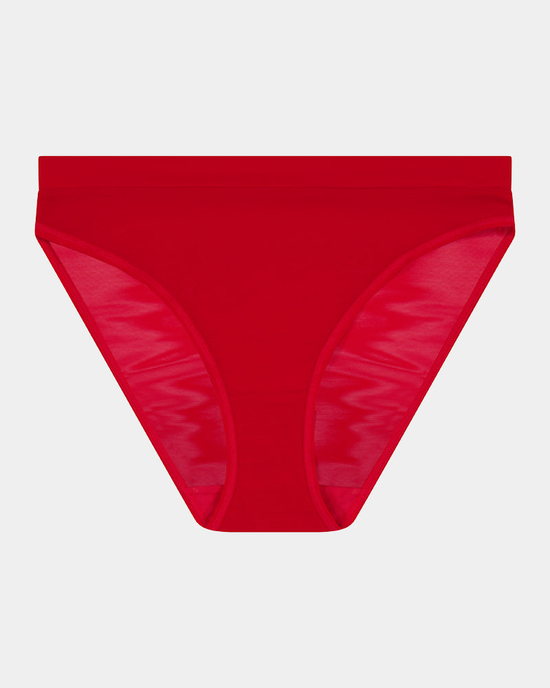 Lightweight High Cut Brief in SALSA. Flat lay front view