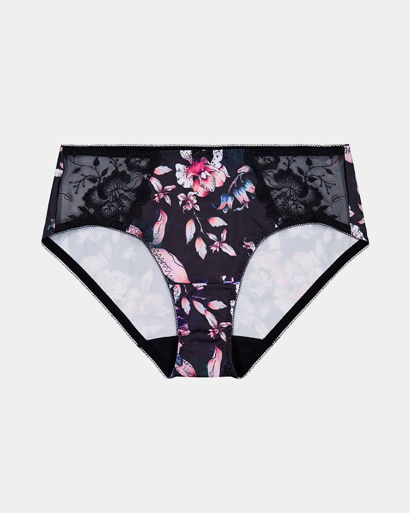 Wild Violet Full Brief in DARK FOLKLORE PRINT. Flat lay front view