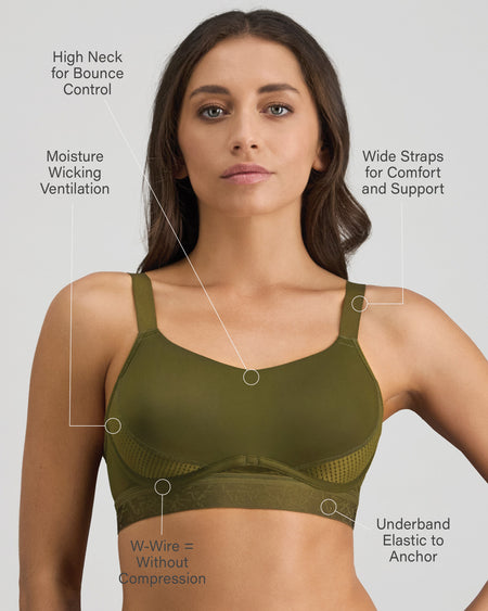 Model wears Bendon Breathe Contour Bra in DARK OLIVE/PINK. On body front view