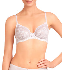 Model wears Yvette Lace Underwire Bra in WHITE. On body front view