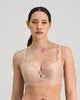 Model wears Damask Contour Bra in LATTE. On body front view