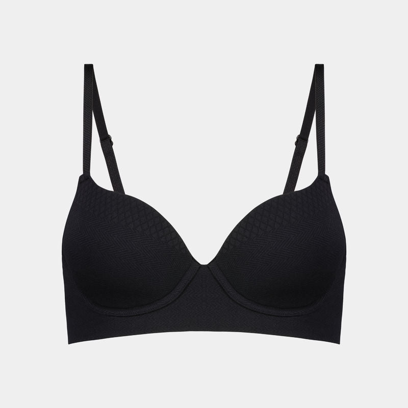 Play Contour Long Line Bra in BLACK. Flat lay front view