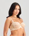 Model wears My Fit Lace Underwire Bra in FRAPPE. On body side view