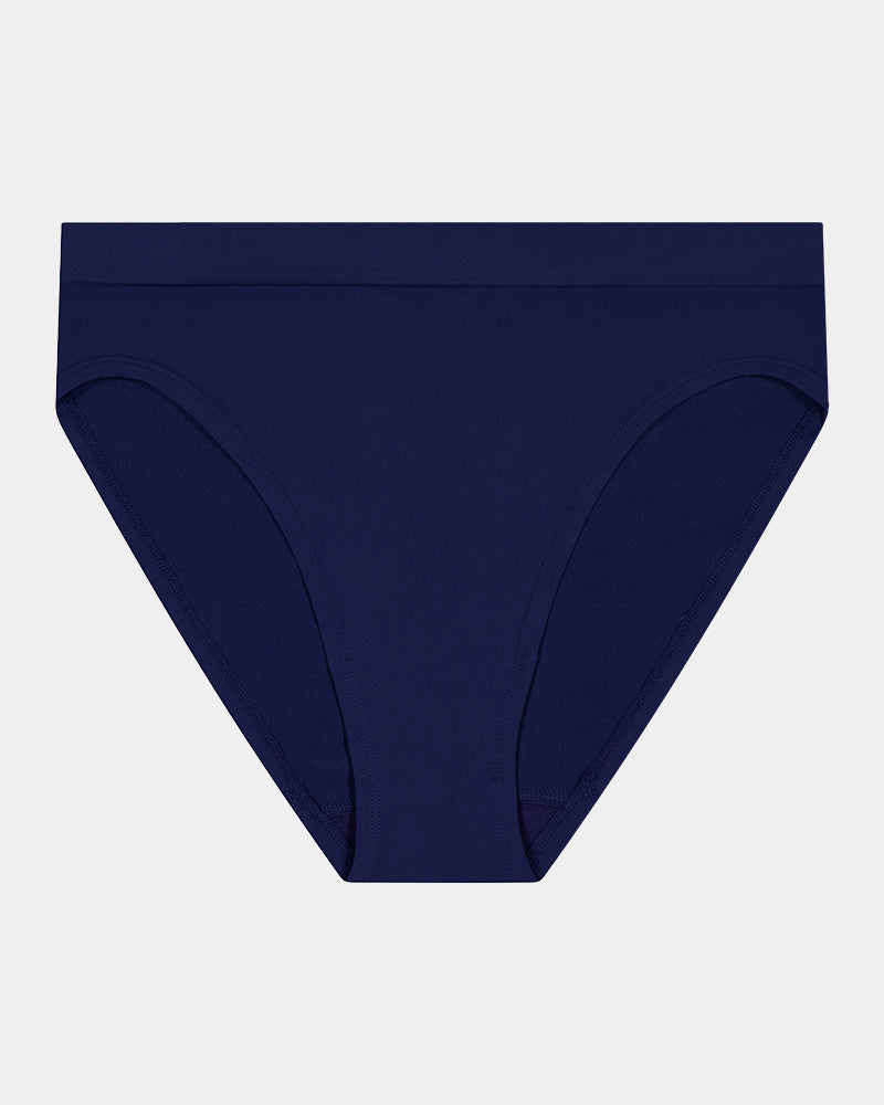 Seamless Soft High Cut Brief in Medieval Blue. Flat lay front view