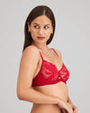 Model wears Margot Estelle Underwire Bra in JESTER RED. On body side view
