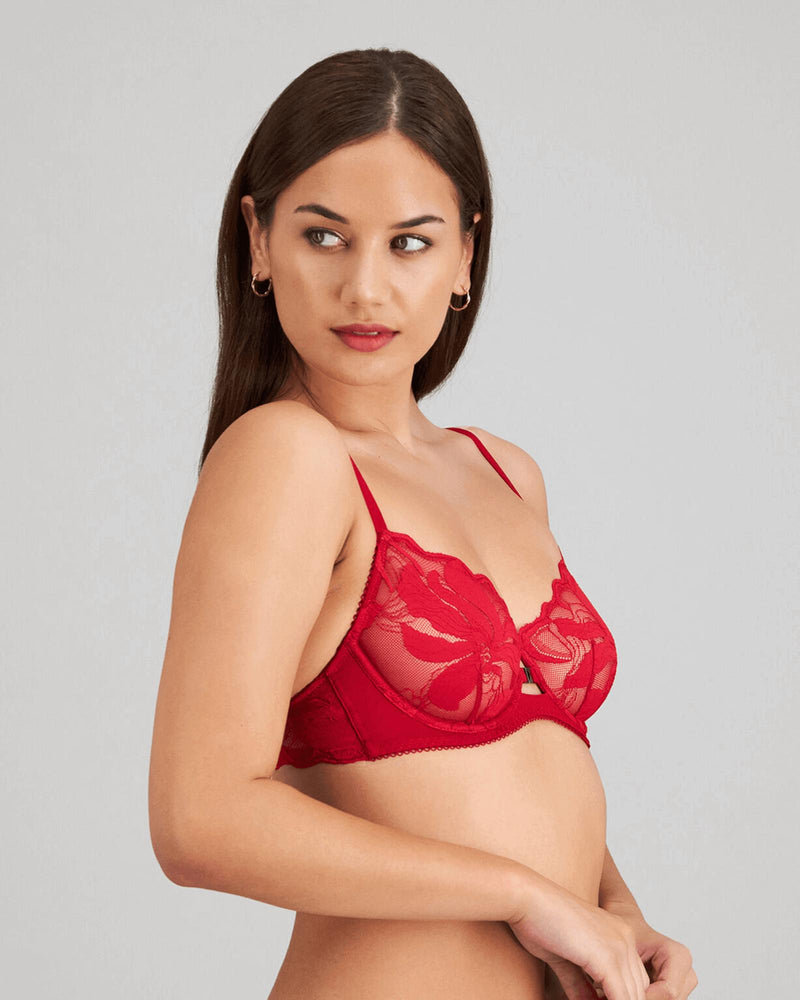 Model wears Margot Estelle Underwire Bra in JESTER RED. On body side view