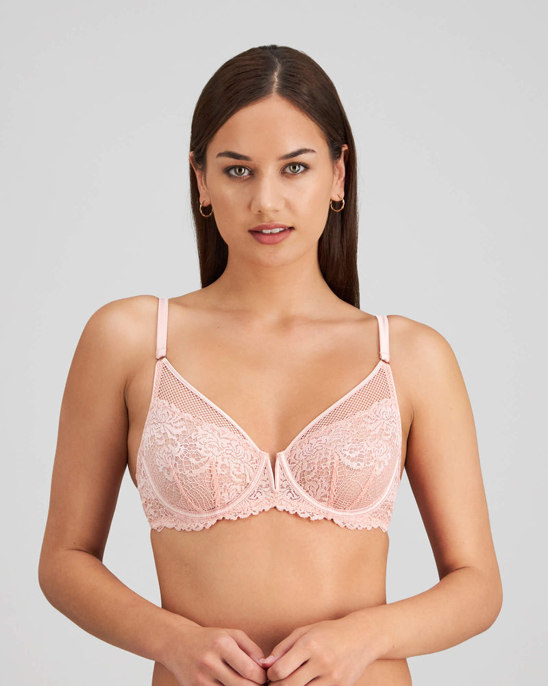 Model wears Adoration Underwire Bra in SILVER PINK. On body front view