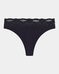 Cotton And Lace Thong in BLACK. Flat lay front view