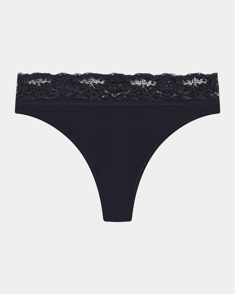 Cotton And Lace Thong in BLACK. Flat lay front view