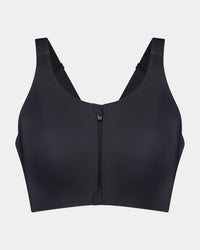 Motion Wire Free Front Opening Bra in BLACK. Flat lay back view