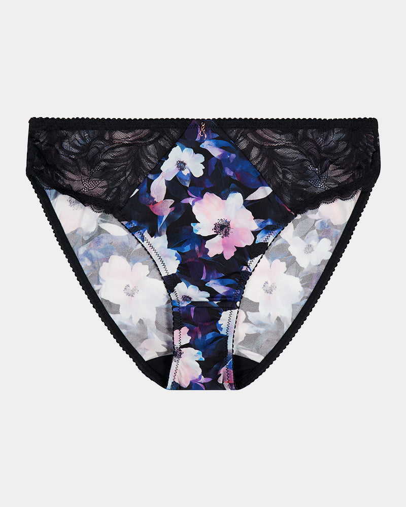 Hypnotise High Cut Brief in BLACK FLORAL PRINT. Flat lay front view