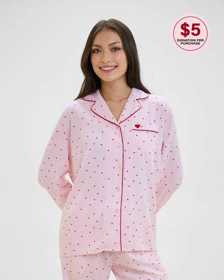 Model wears Hearts In Cabana Long Sleeve Pj Top in MINI HEART PRINT. On body front view
