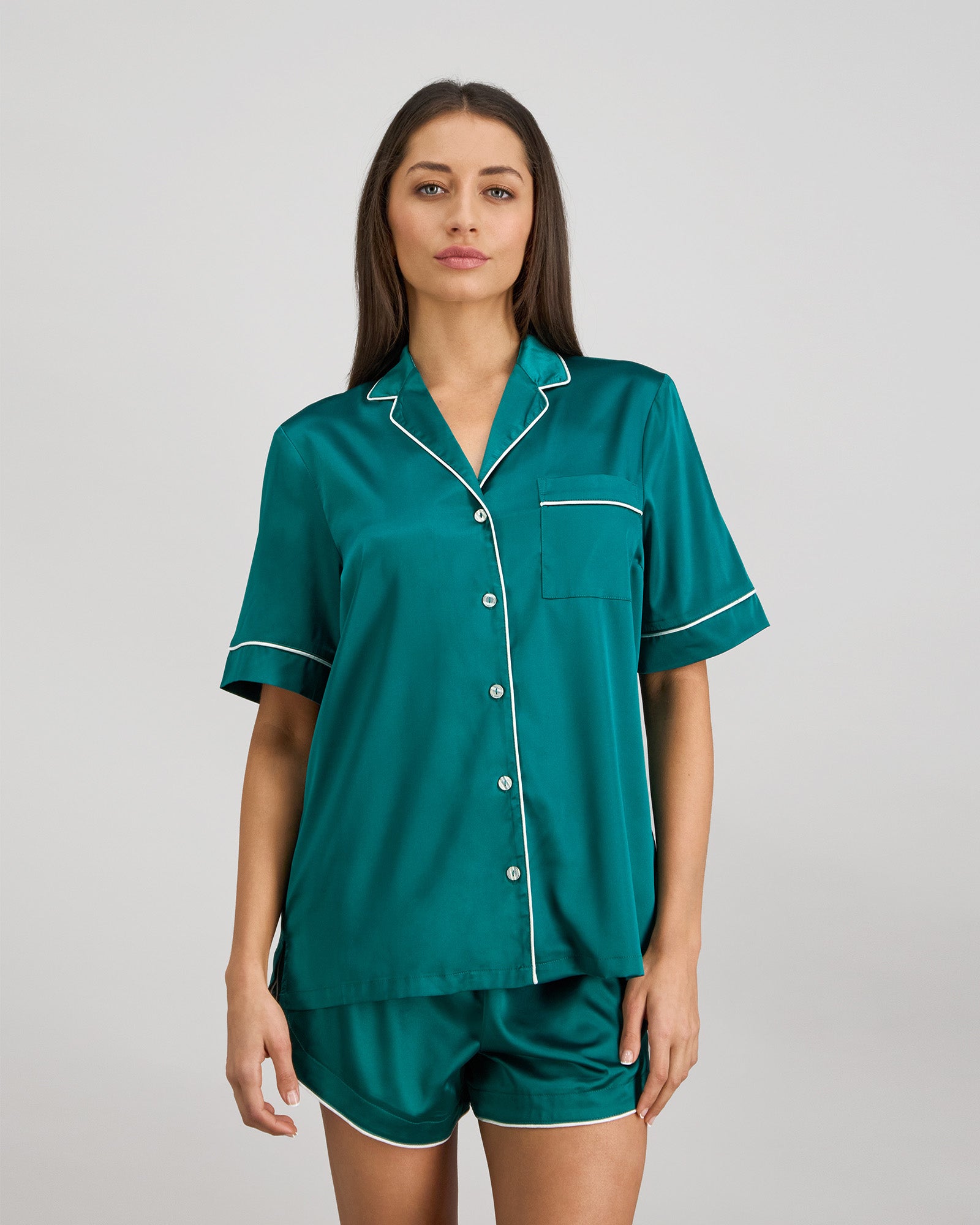 Model wears Holly Short Pj Set in EVERGLADE. On body front view