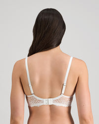 Model wears My Fit Lace Contour Bra in WHITE. On body back view