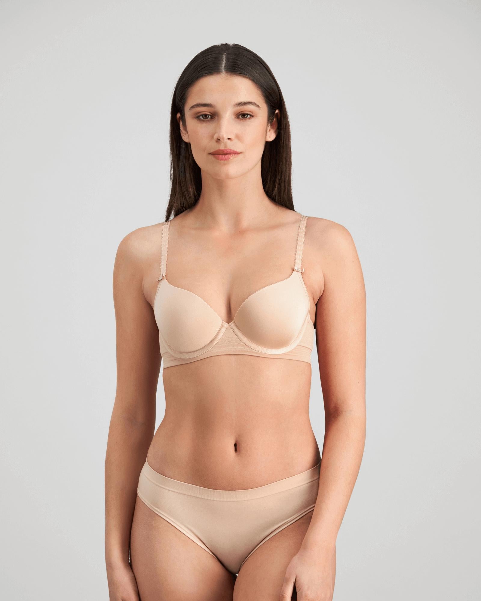 Model wears Bendon Body Contour Bra in LATTE. On body side view