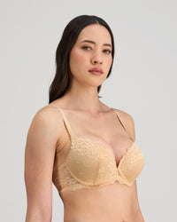 Model wears My Fit Lace Push Up Bra in FRAPPE. On body side view