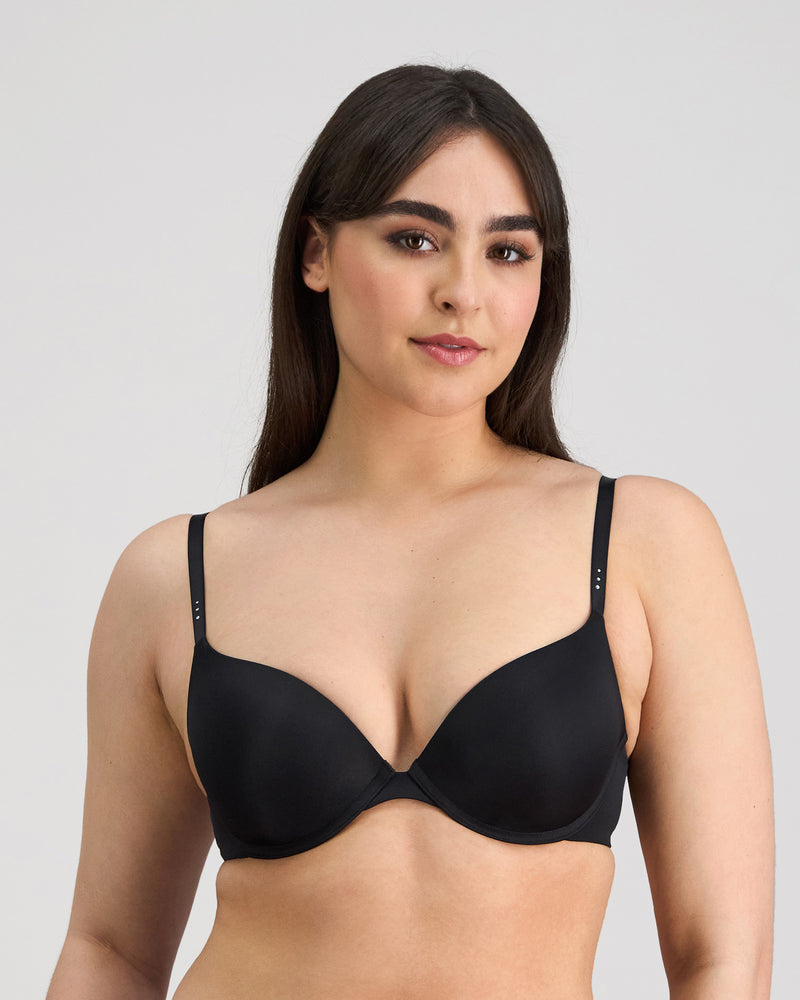 Model wears My Fit Smooth Push Up Bra in BLACK. On body front view
