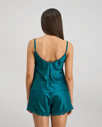 Model wears Sleigh The Night Cami & Short Set in EVERGLADE. On body back view