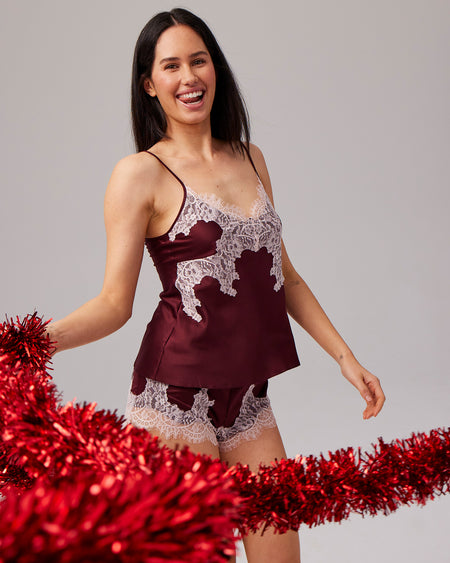 Sweet Indulgence Cami & Short Set in FIG/PALE LILAC. Feature shot
