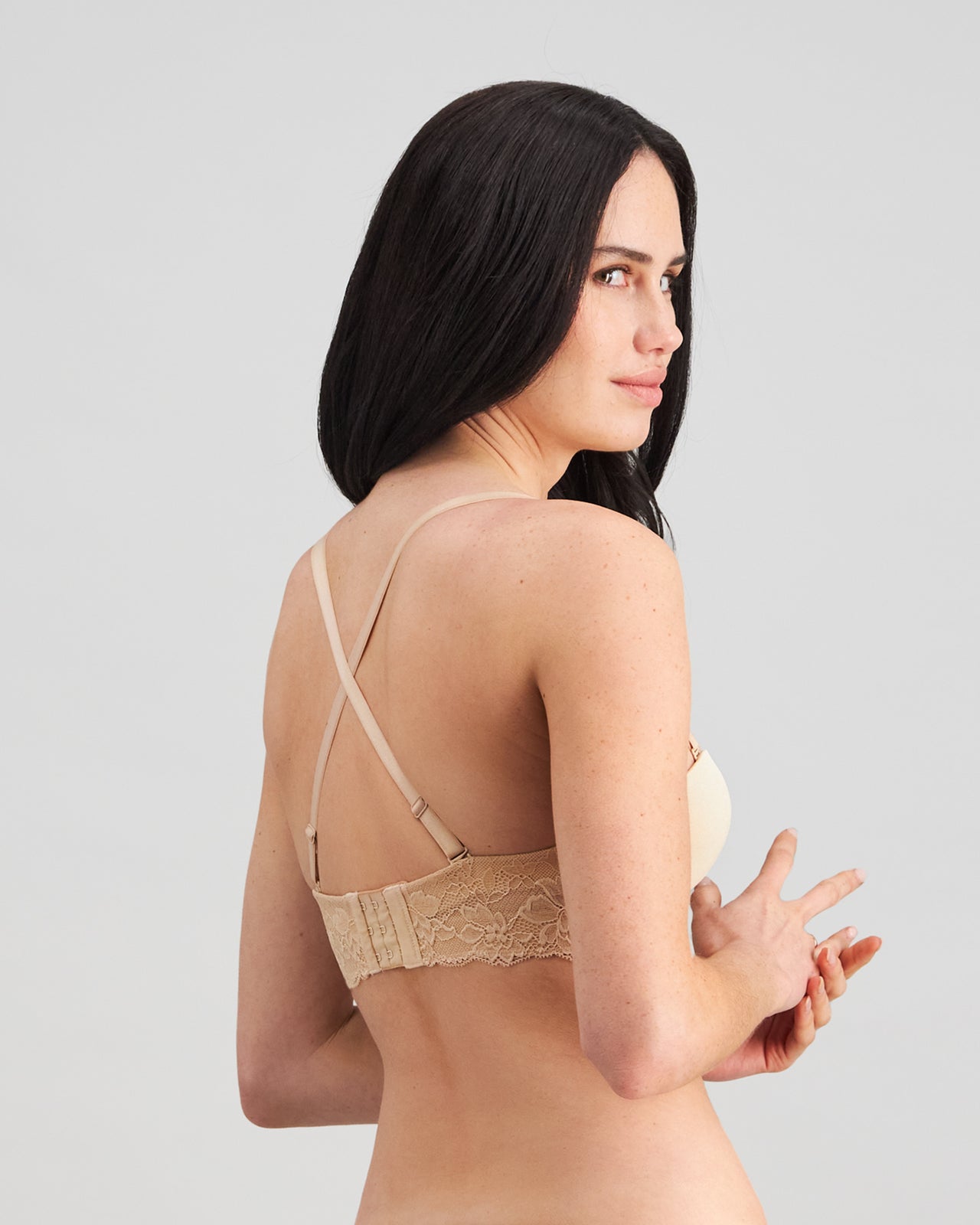 Bendon Bare Lace Back Strapless Bra in LATTE. Flat lay back view