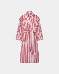 Riviera Robe in PALE LILAC/SALSA RED. Flat lay back view