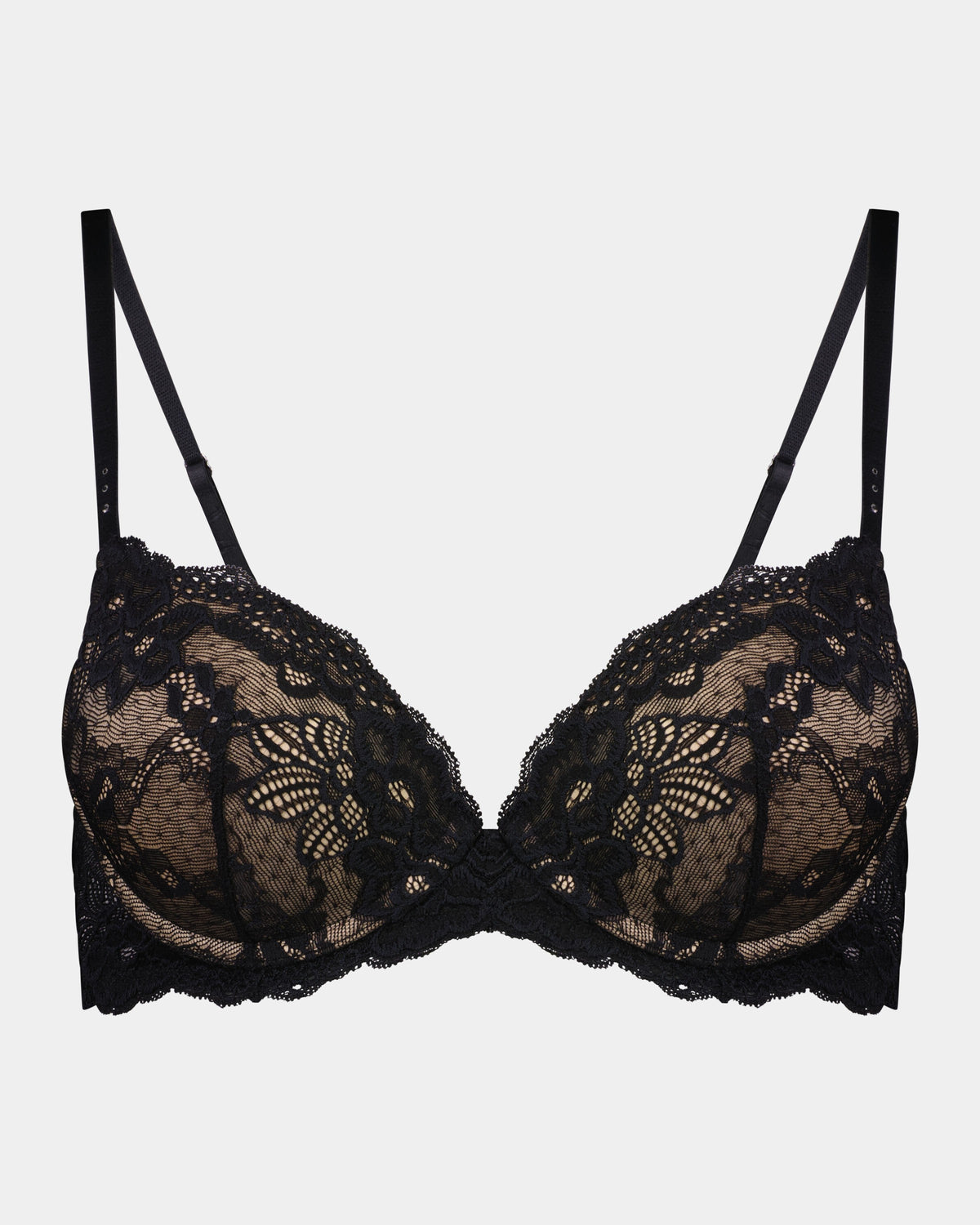 My Fit Lace Push Up Bra in BLACK. Flat lay front view