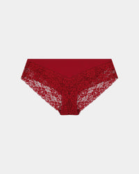 Lace Trim Brazilian in BIKING RED. Flat lay front view