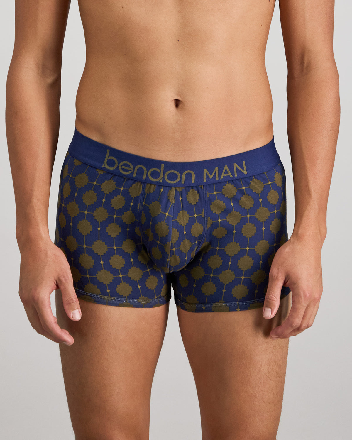 Model wears Retros Print Mens Trunk in IRONCREST PRINT. On body front view