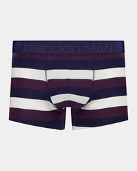 Rugby Stripe Mens Trunk in PEACOAT/PLUM/WHITE. Flat lay front view