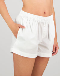 Model wears Boyfriend Boxer in WHITE. On body side view