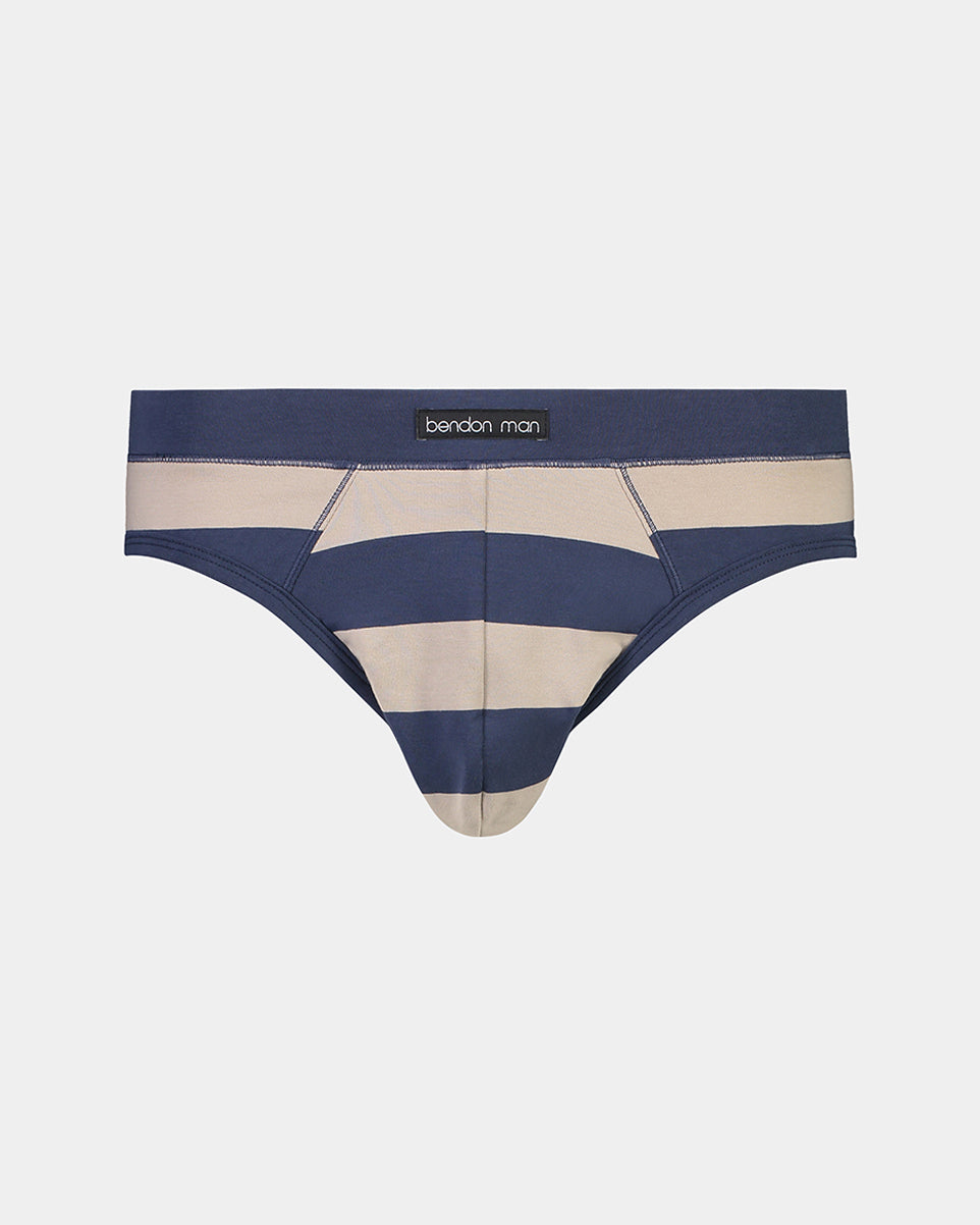 Rugby Stripe Mens Brief in RIVIERA STRIPE. Flat lay front view