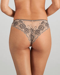 Model wears Everlasting Love Brazilian in CAMEO ROSE / BLACK. On body back view