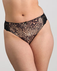 Model wears Violet Floral High Cut Brief in MYTHOS ANIMAL PRINT. On body front view