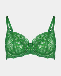 Juniper Underwire Bra in PARADISE GREEN. Flat lay front view