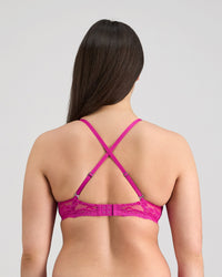 Model wears My Fit Lace Wire Free Bra in FANTASY FUCHSIA. On body back view