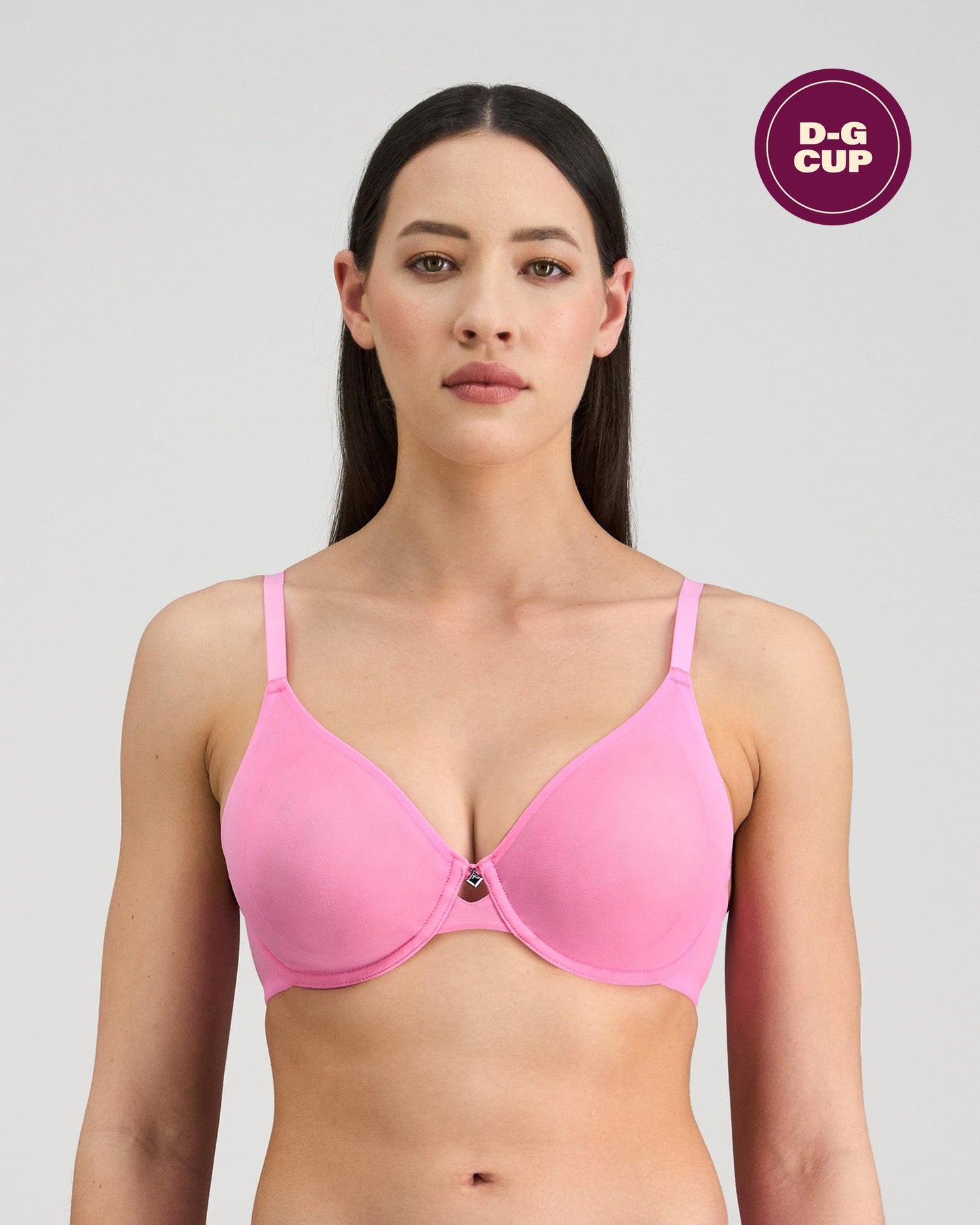 Model wears Lightweight Underwire Bra in BUBBLEGUM PINK. On body front view