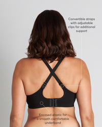 Model wears Power Underwire Bra in BLACK. On body back view