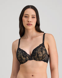 Model wears My Fit Lace Contour Bra in BLACK. On body front view