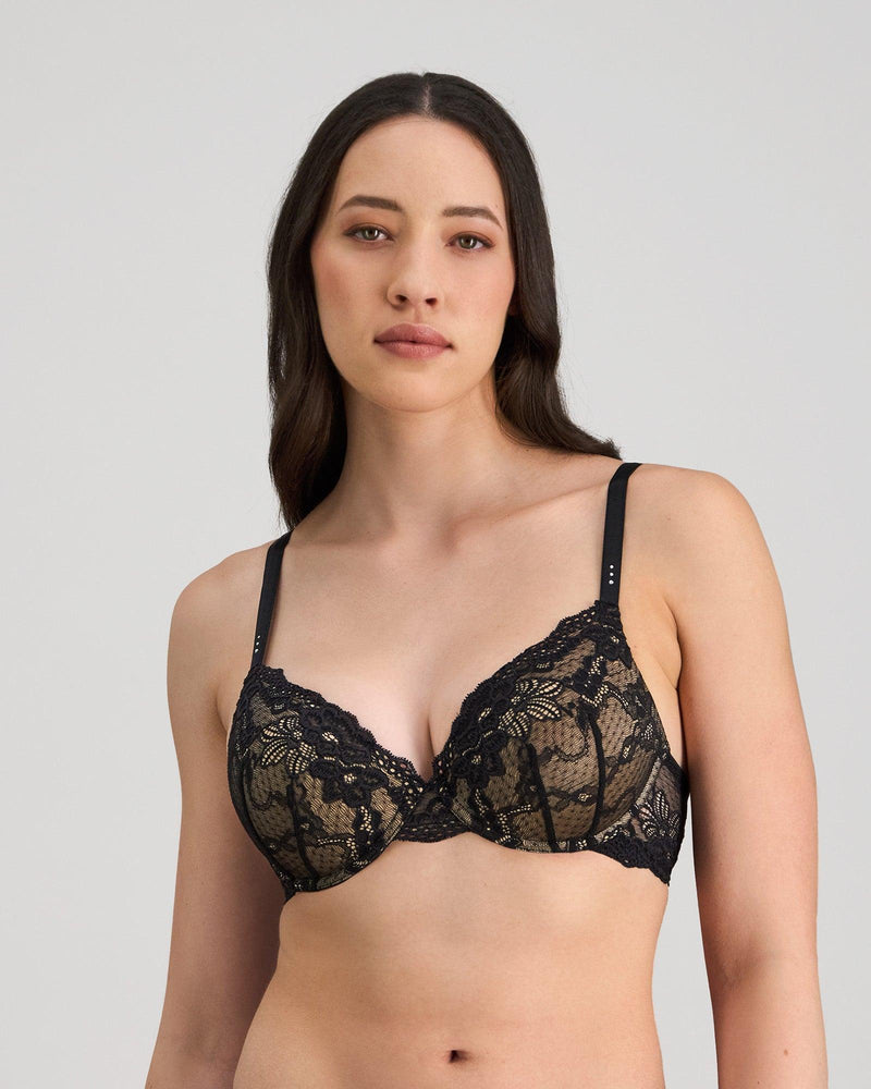 Model wears My Fit Lace Contour Bra in BLACK. On body front view