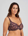 Model wears Vivacious Underwire Bra in PLUM PERFECT/LATTE. On body side view